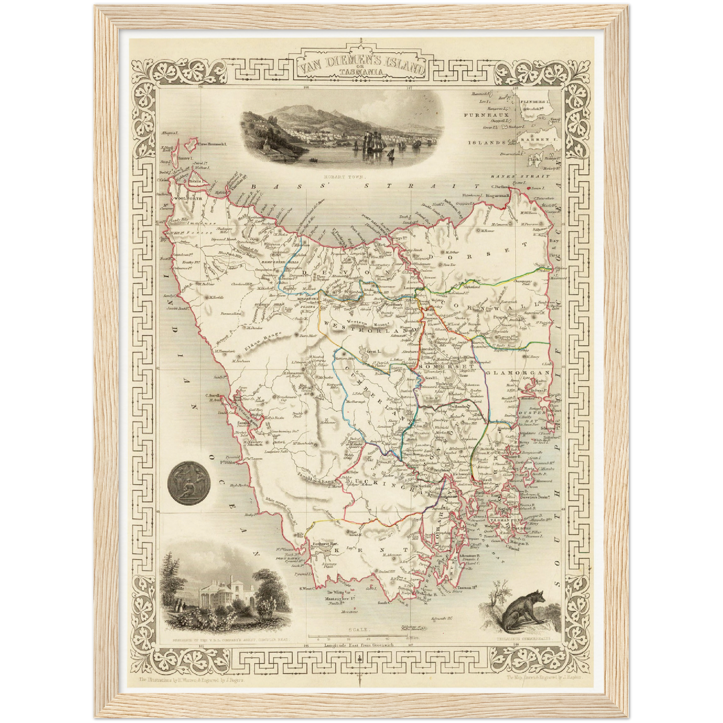 Historische Landkarte Tasmanien um 1850