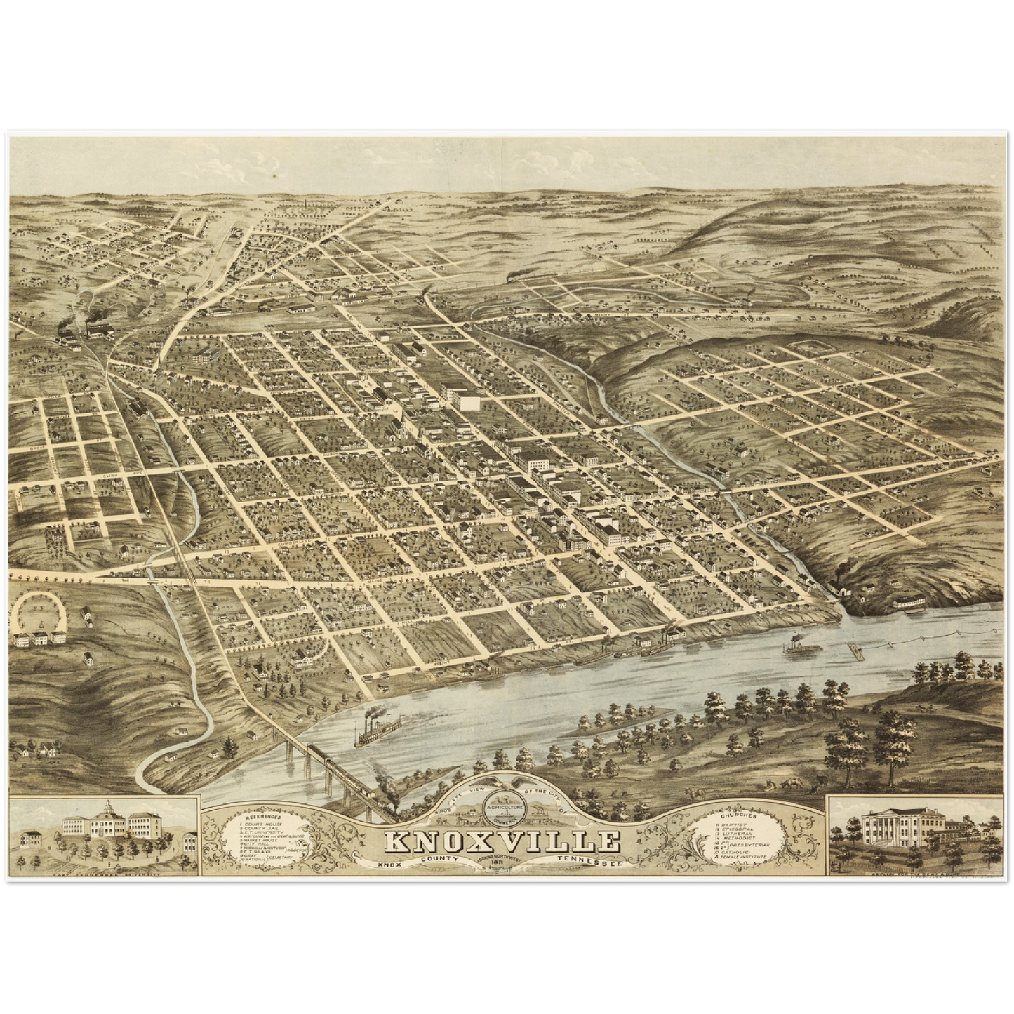 Historische Stadtansicht Knoxville um 1871