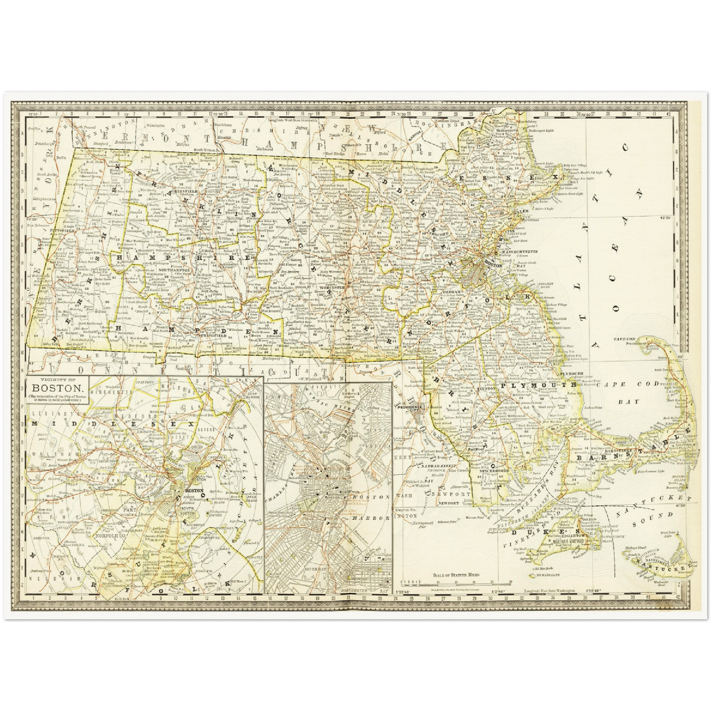 Historische Landkarte Massachusetts um 1882
