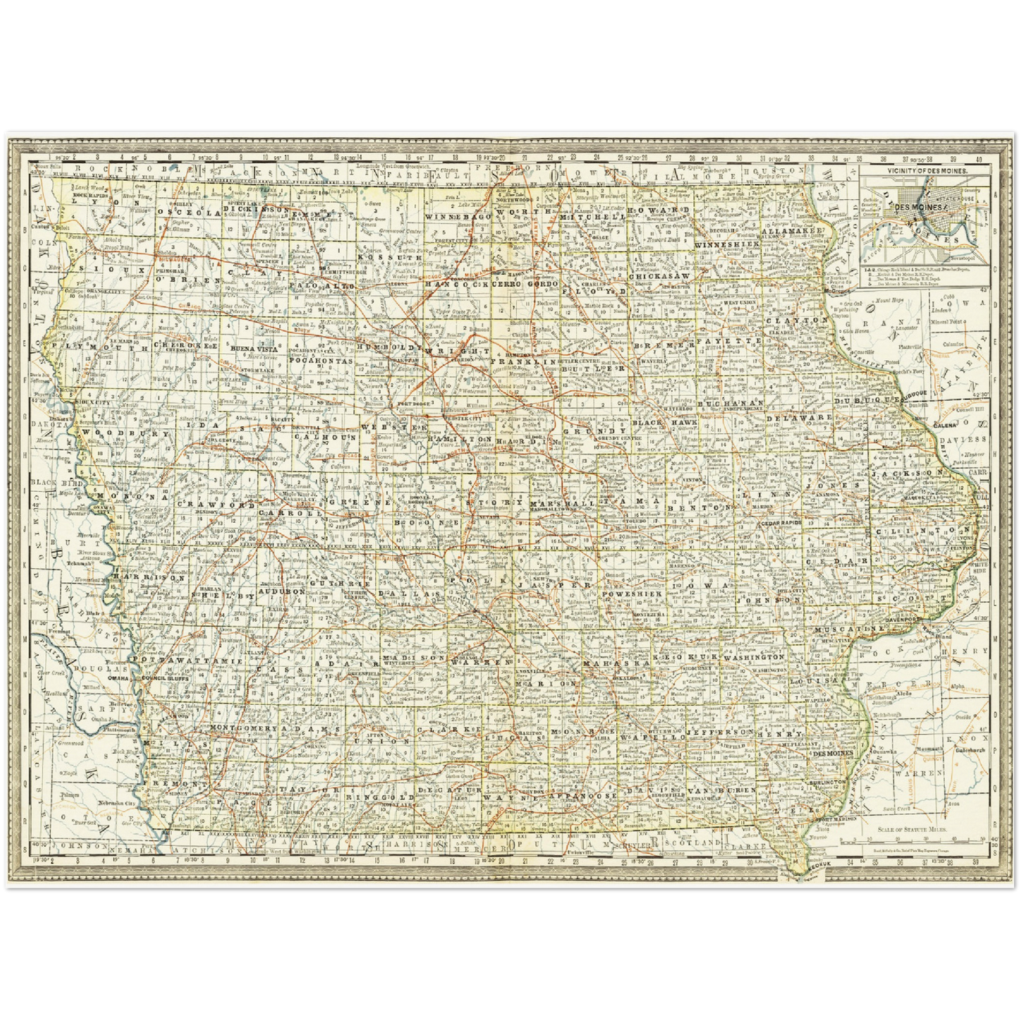 Historische Landkarte Iowa um 1882