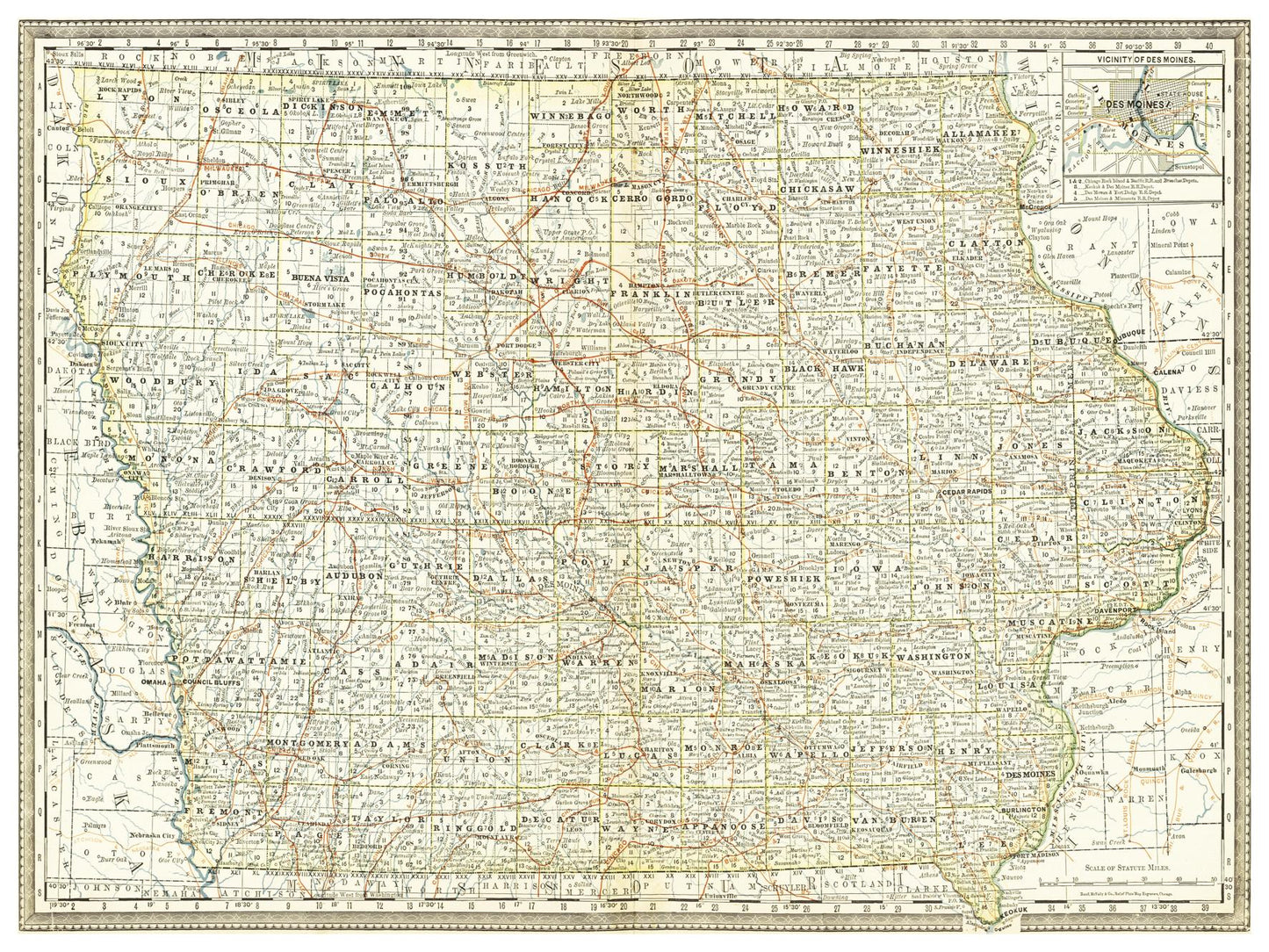 Historische Landkarte Iowa um 1882