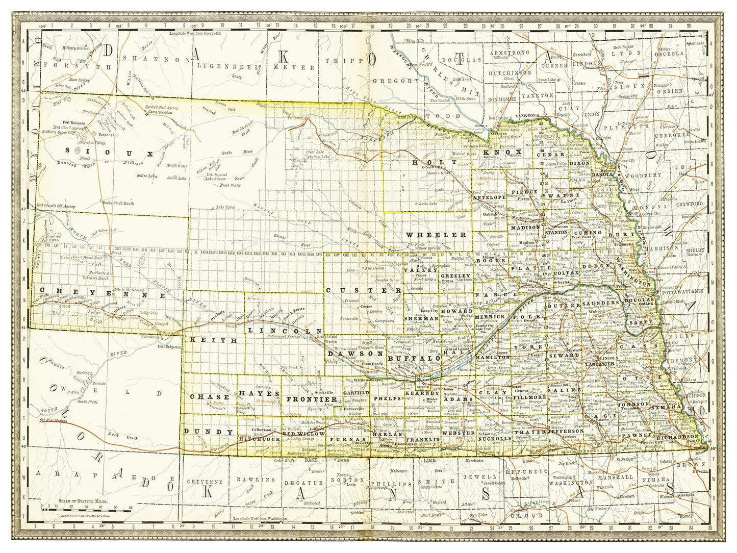 Historische Landkarte Nebraska um 1882