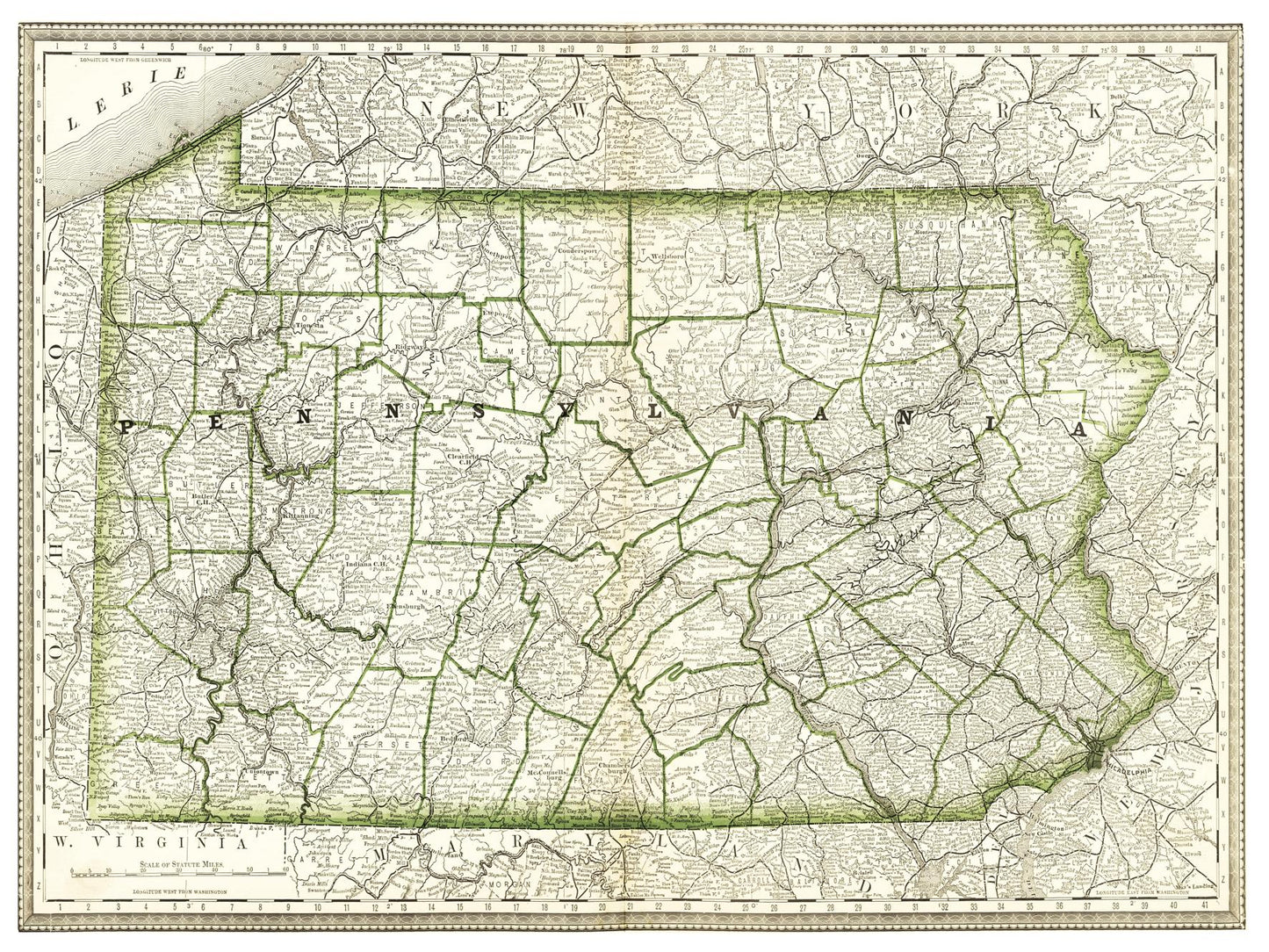 Historische Landkarte Pennsylvania um 1882