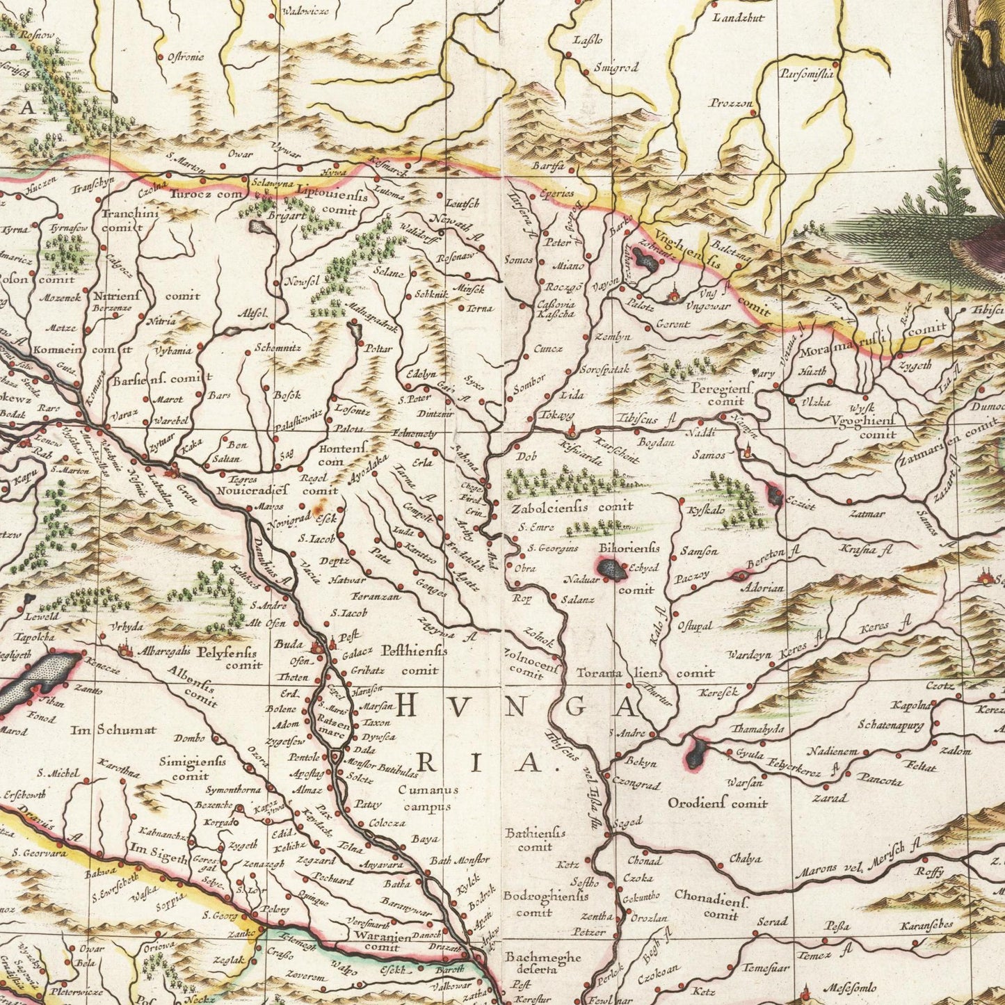 Historische Landkarte Lauf der Donau um 1635