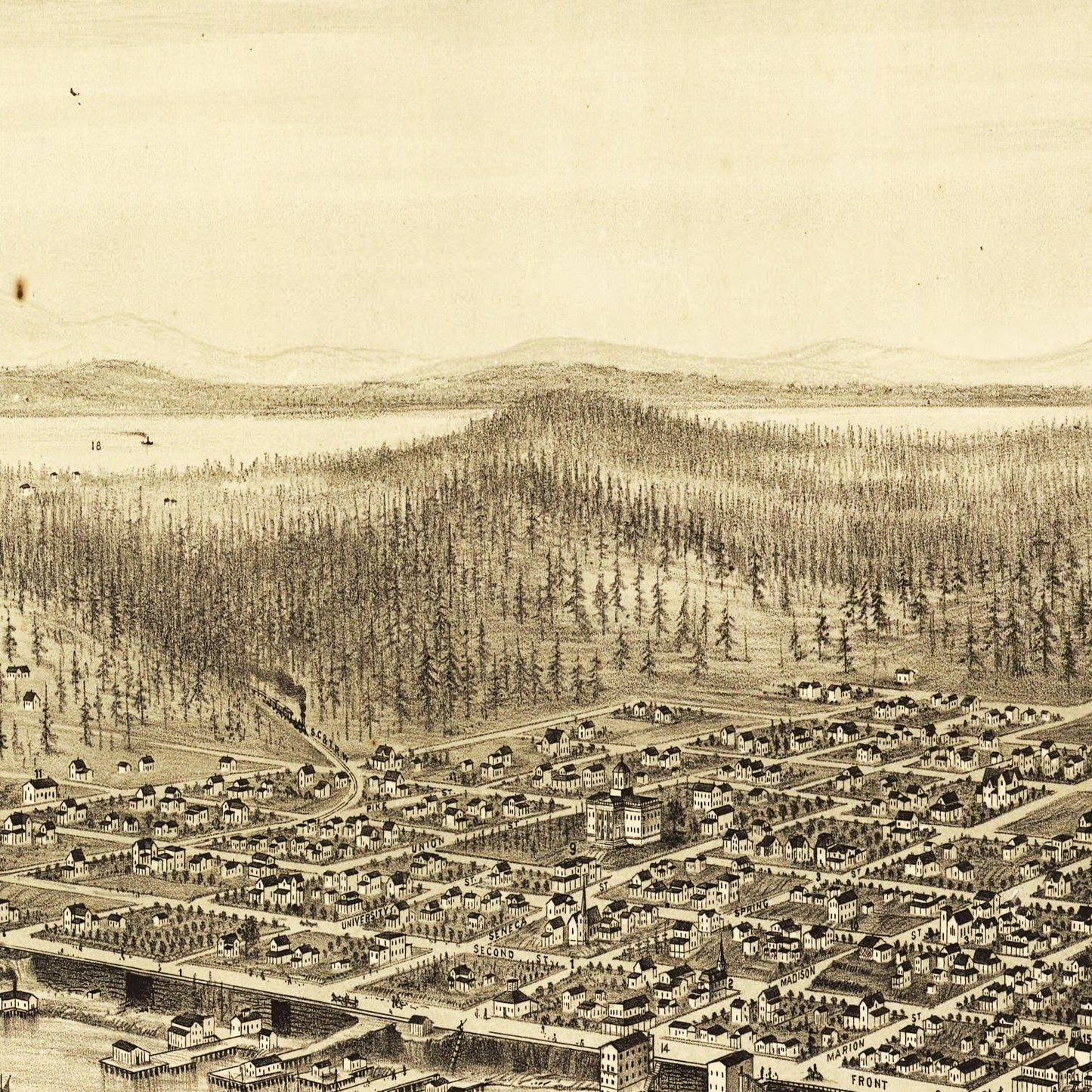 Historische Stadtansicht Seattle um 1878