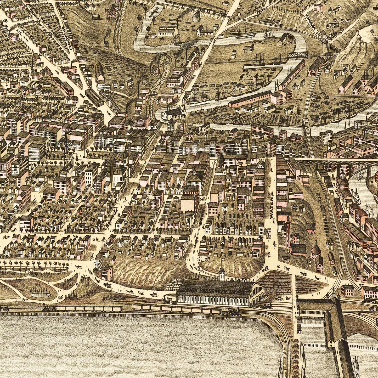 Historische Stadtansicht Cleveland um 1877