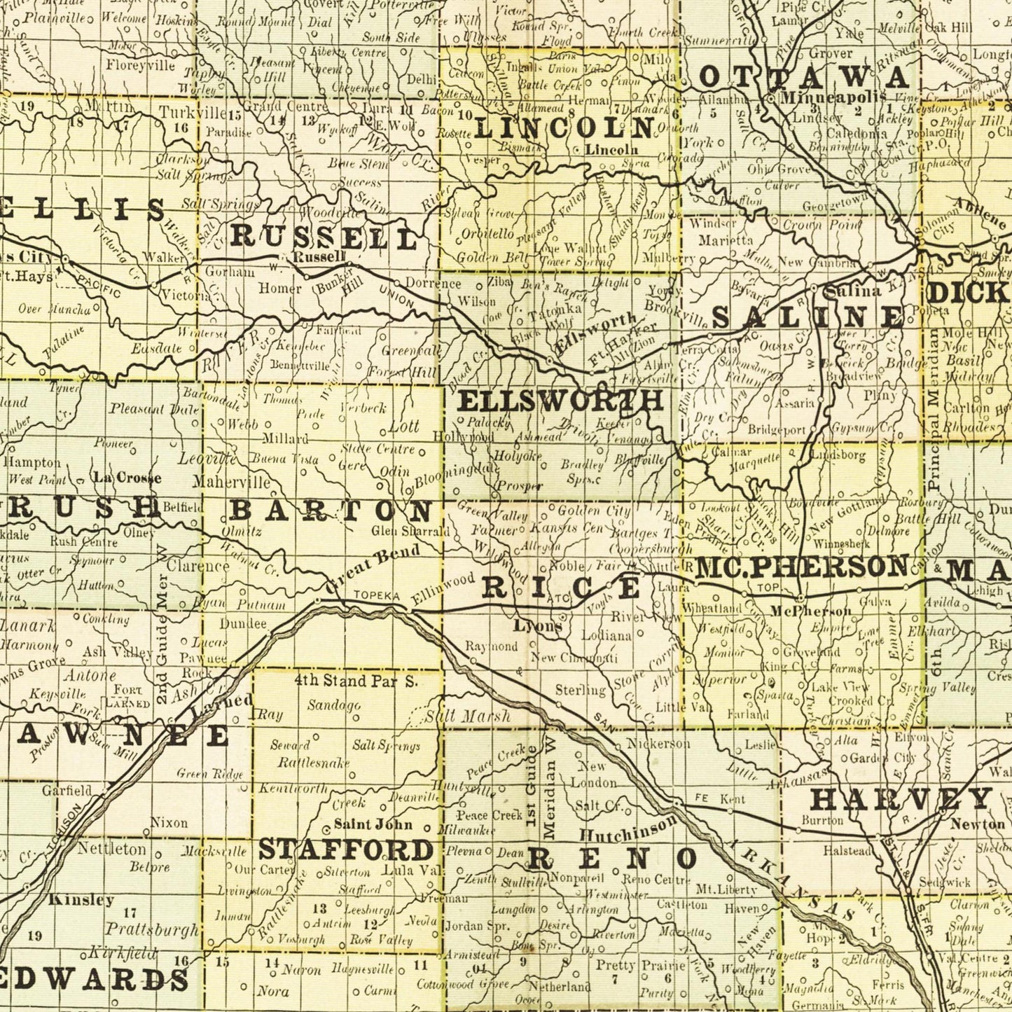 Historische Landkarte Kansas um 1882