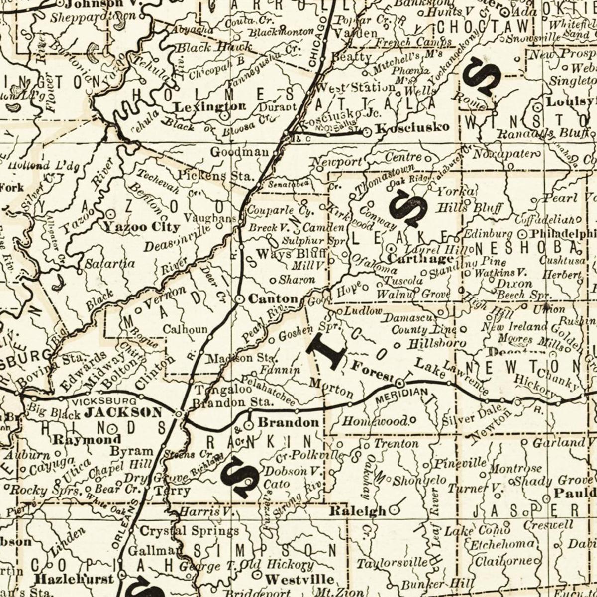 Historische Landkarte Mississippi um 1882