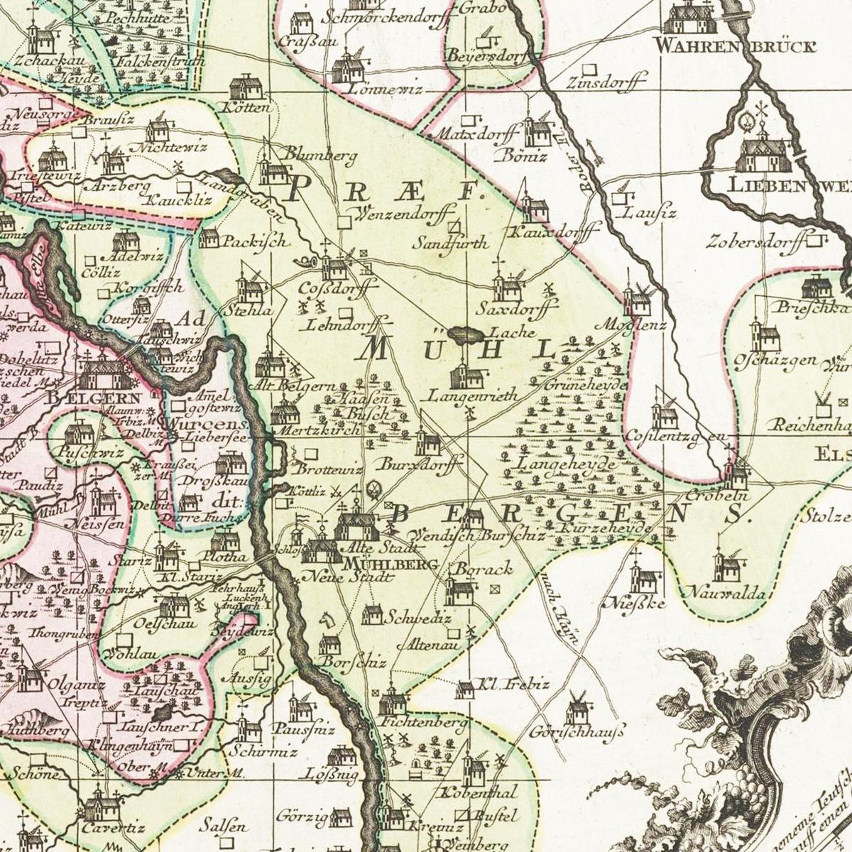 Historische Landkarte Torgau um 1750