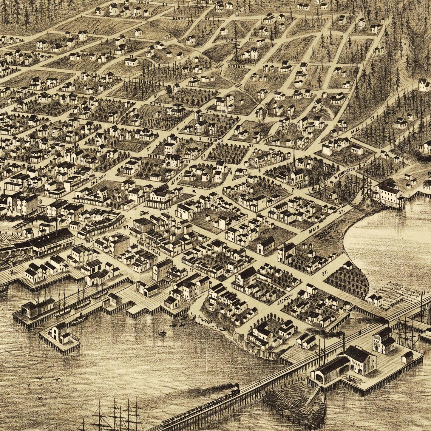 Historische Stadtansicht Seattle um 1878