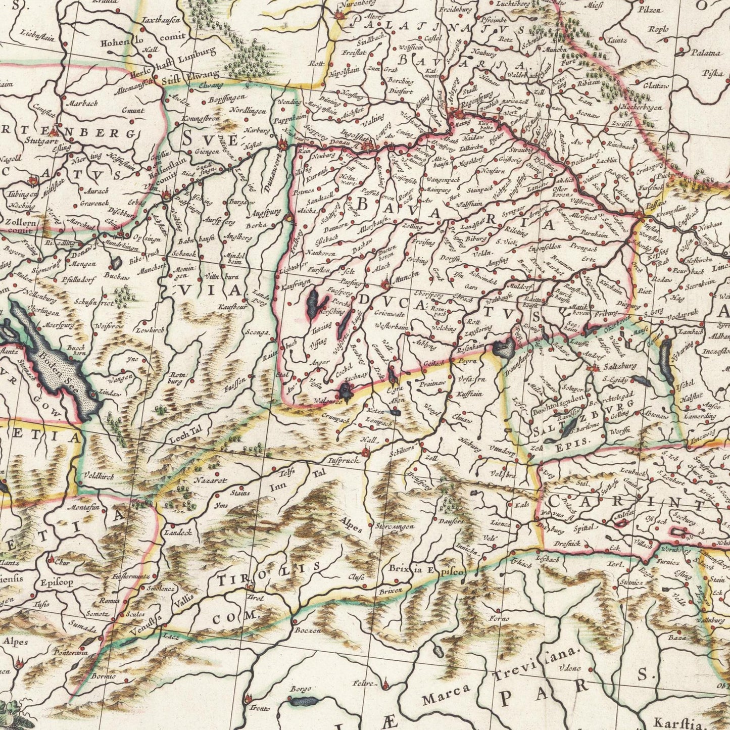 Historische Landkarte Lauf der Donau um 1635