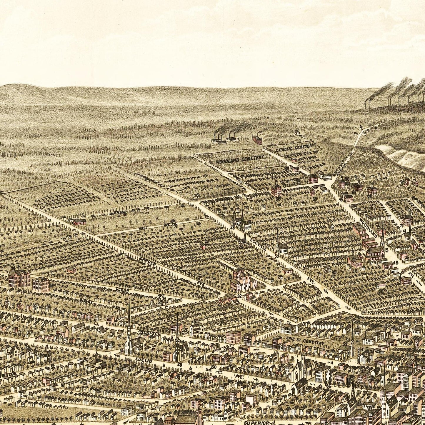 Historische Stadtansicht Cleveland um 1877
