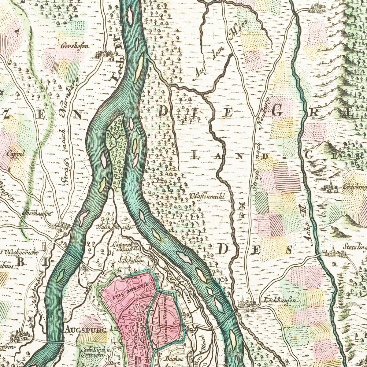Historische Landkarte Augsburg um 1750