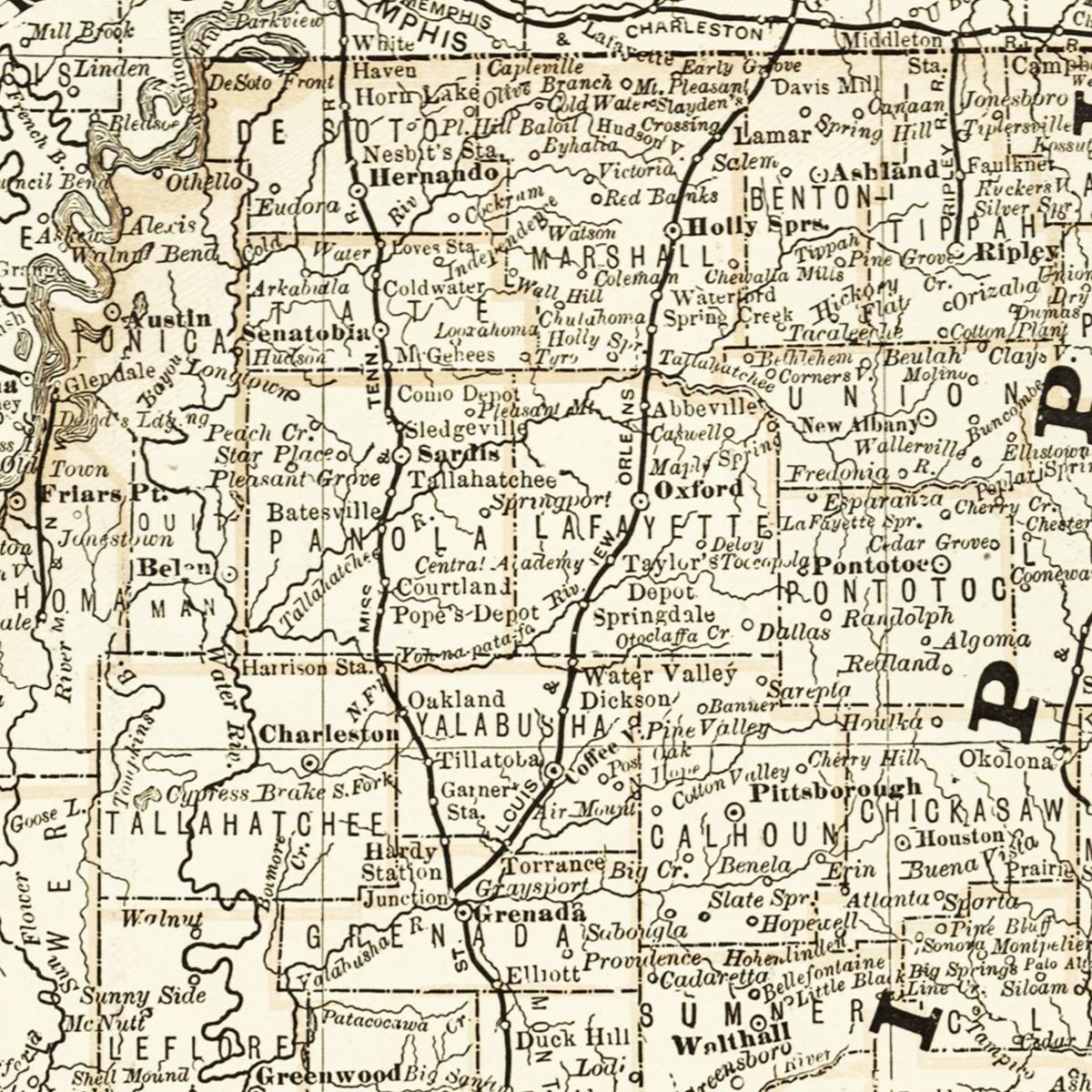 Historische Landkarte Mississippi um 1882