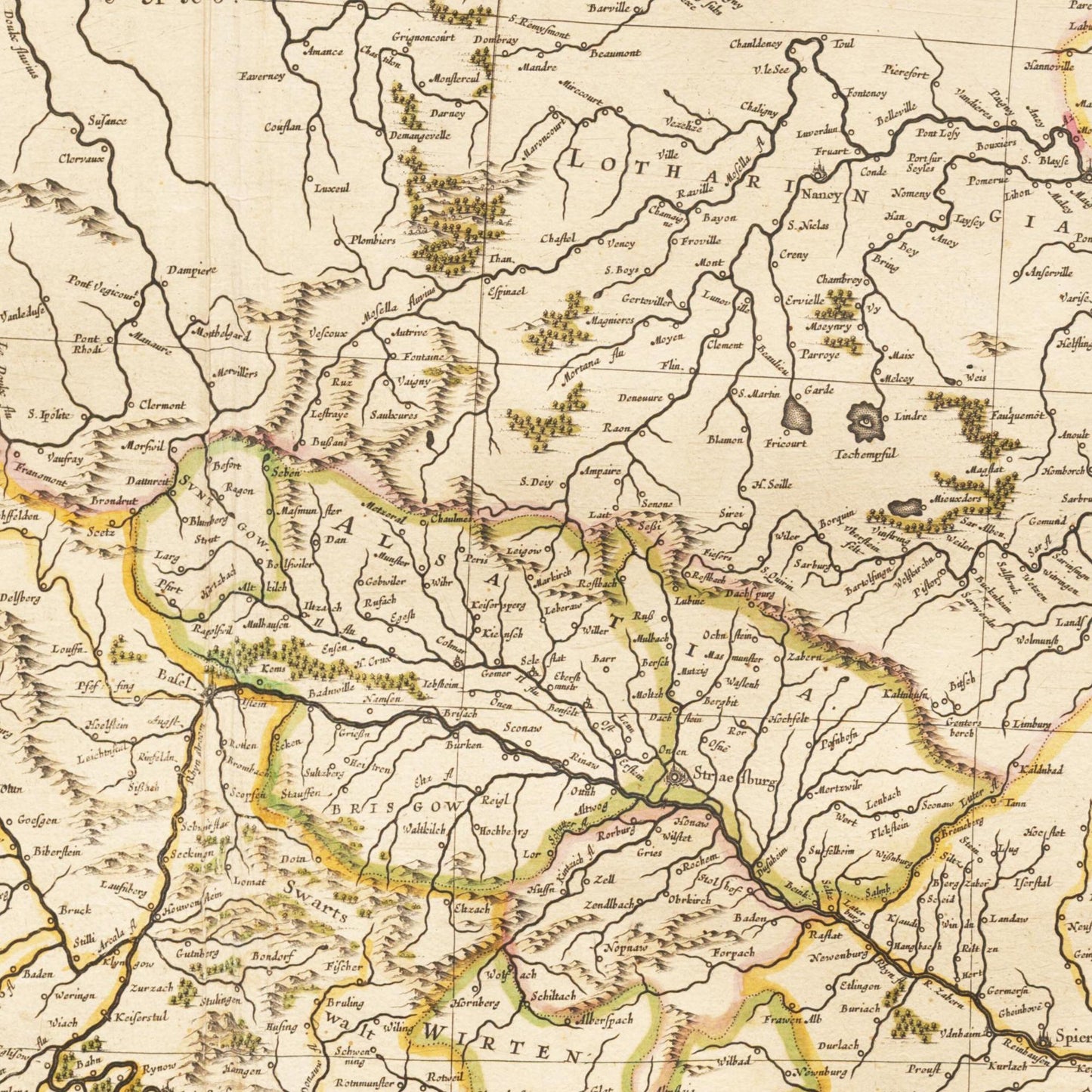 Historische Landkarte Lauf des Rhein um 1635