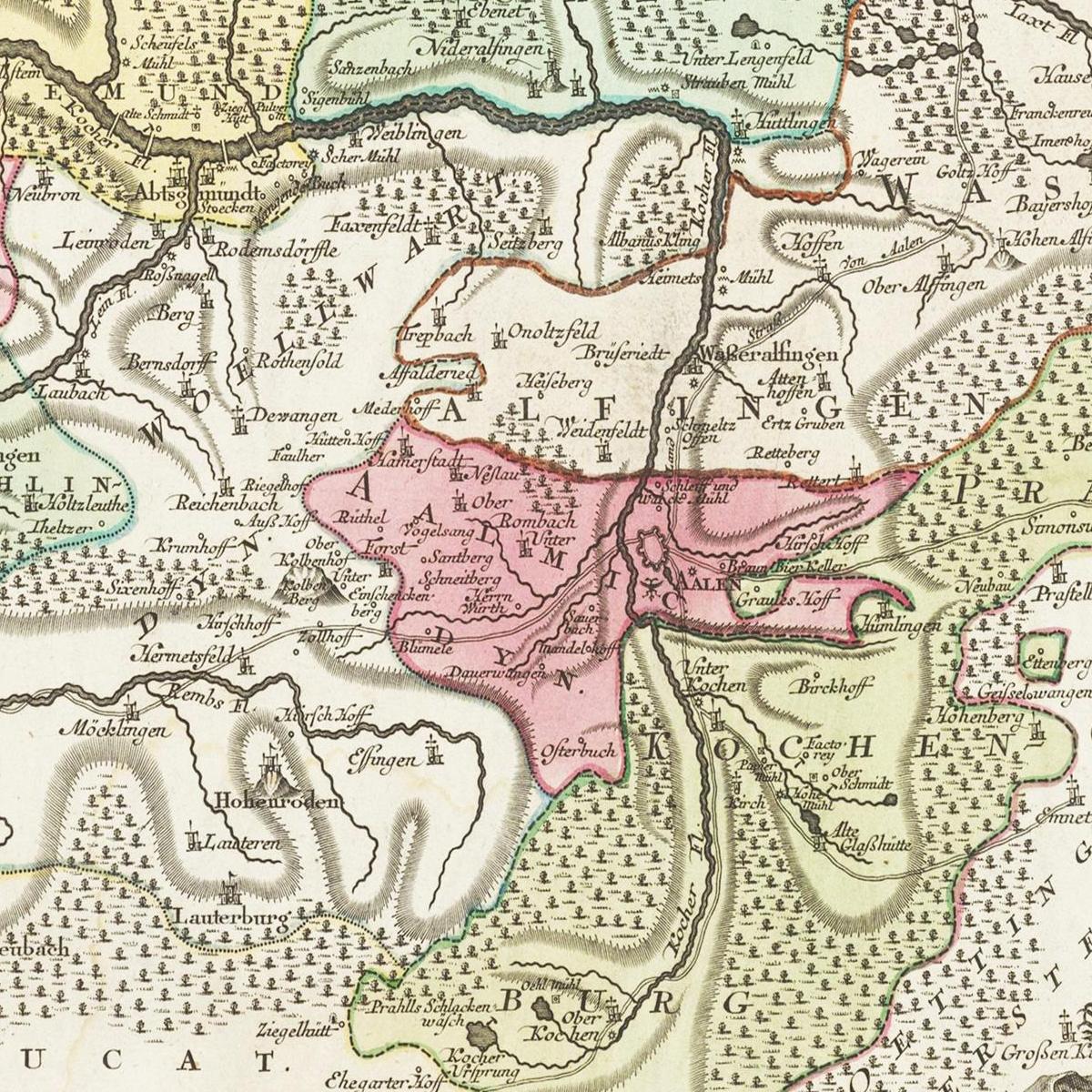 Historische Landkarte Ellwangen um 1750