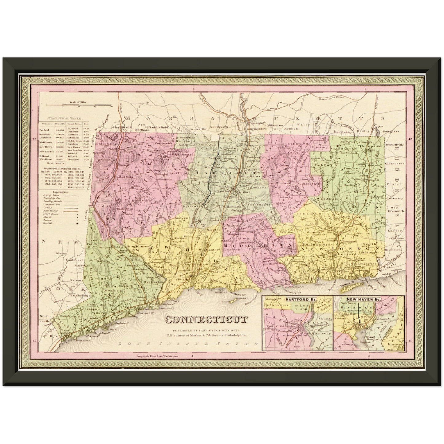 Historische Landkarte Connecticut um 1849