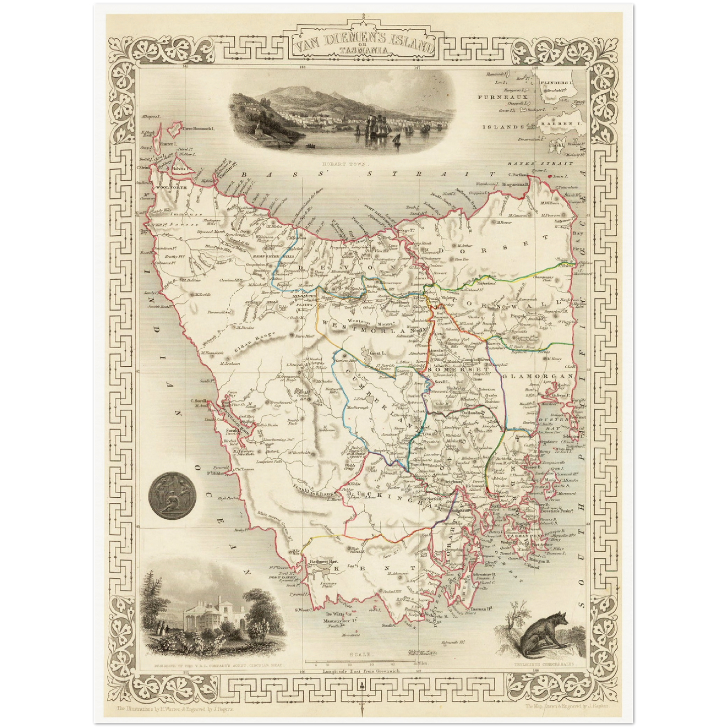 Historische Landkarte Tasmanien um 1850