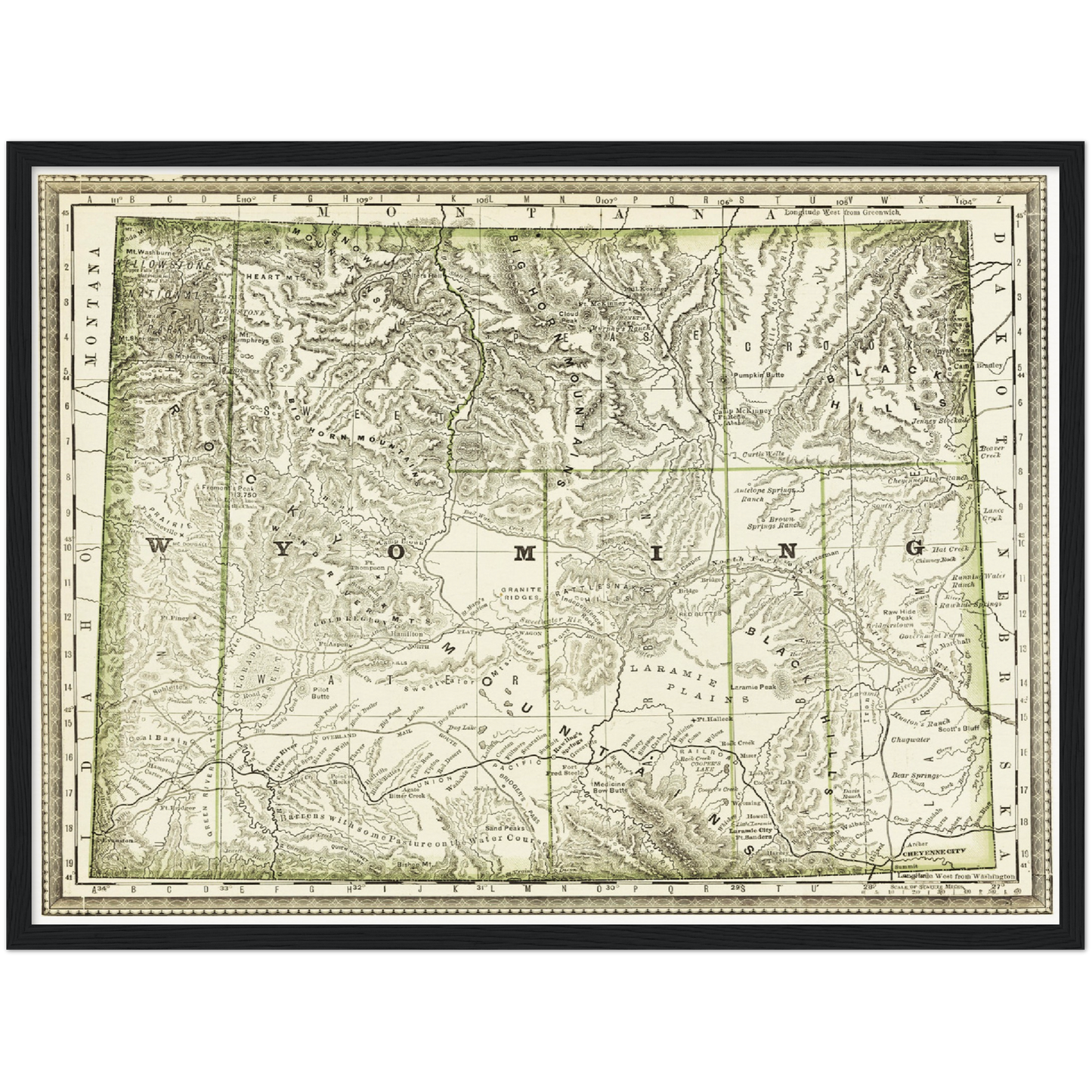 Historische Landkarte Wyoming um 1882