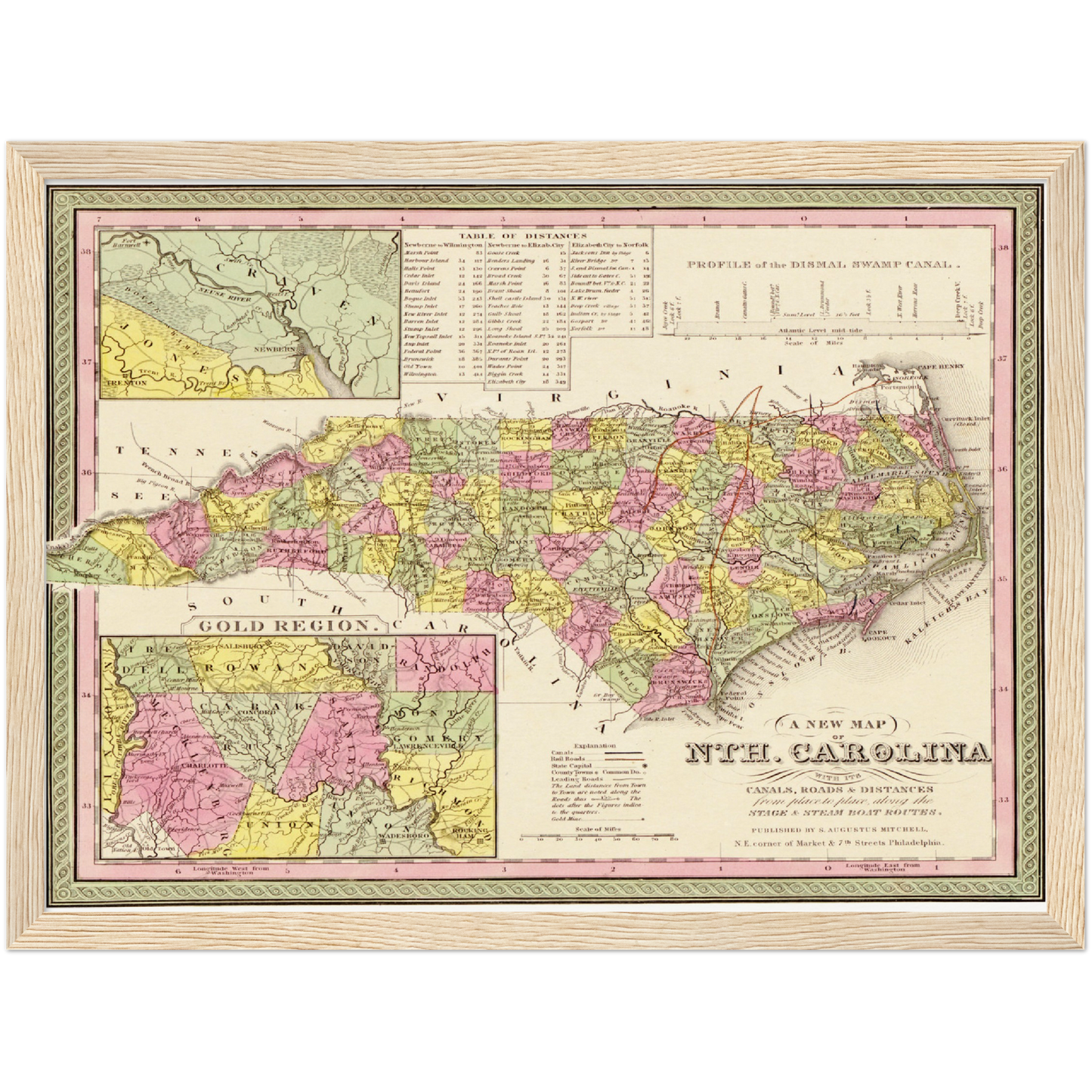 Historische Landkarte North Carolina um 1849