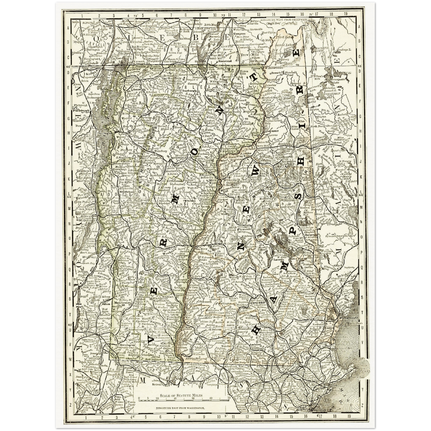 Historische Landkarte New Hampshire & Vermont um 1882