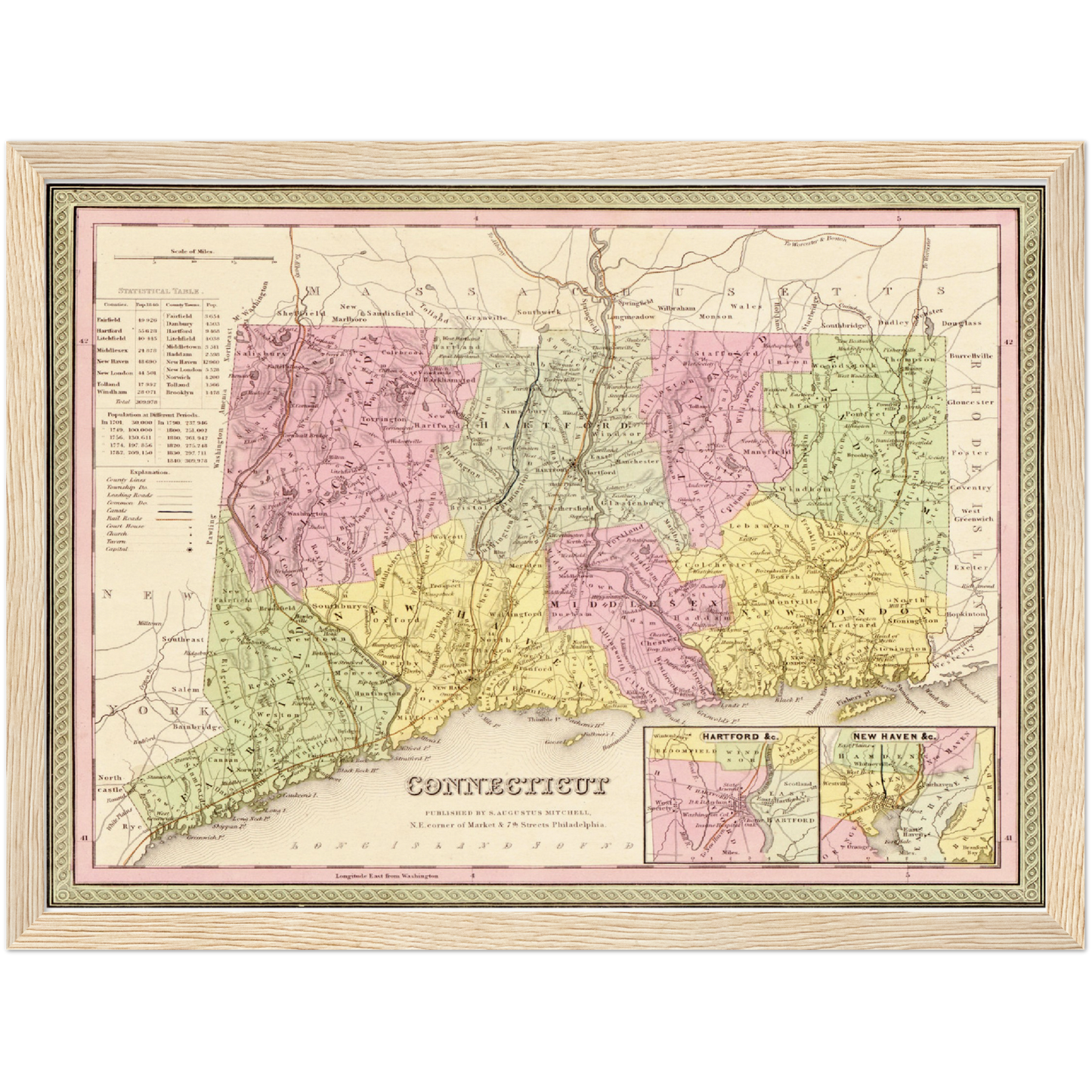 Historische Landkarte Connecticut um 1849