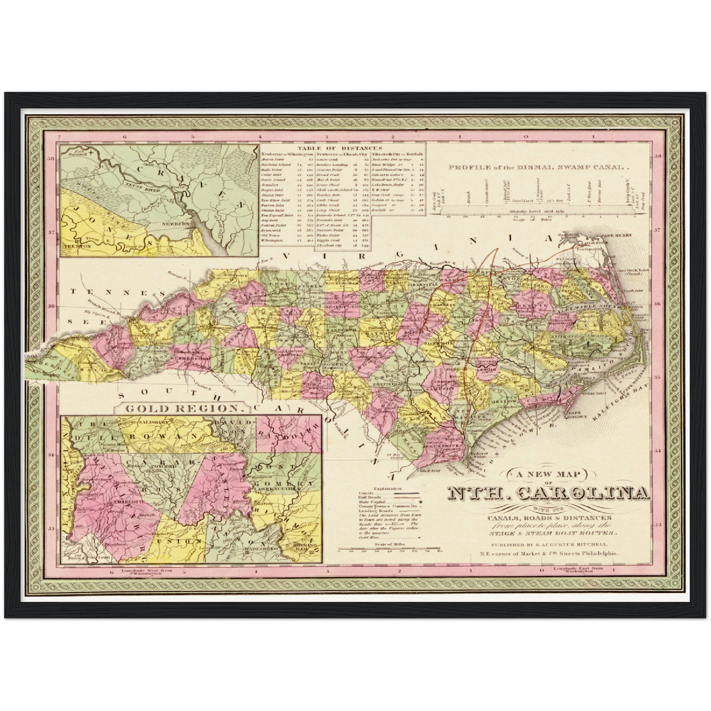 Historische Landkarte North Carolina um 1849