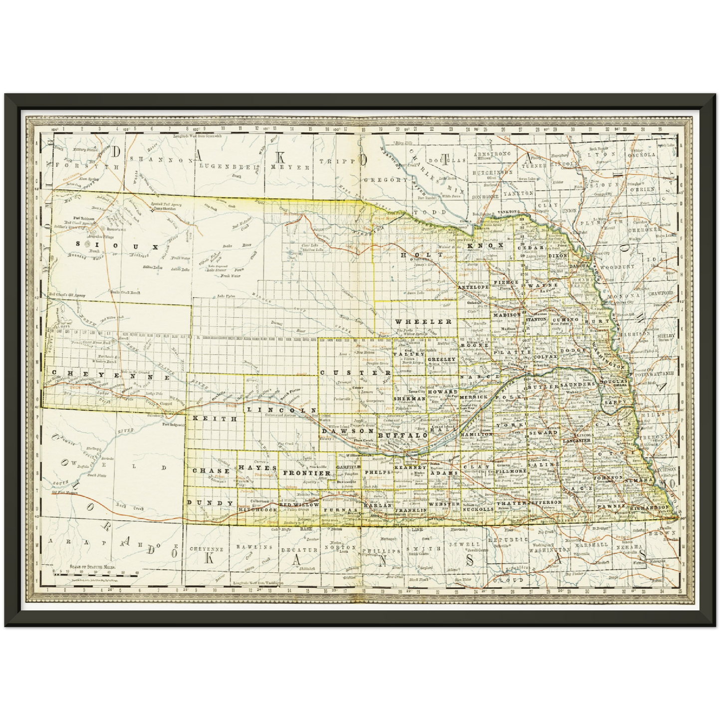 Historische Landkarte Nebraska um 1882