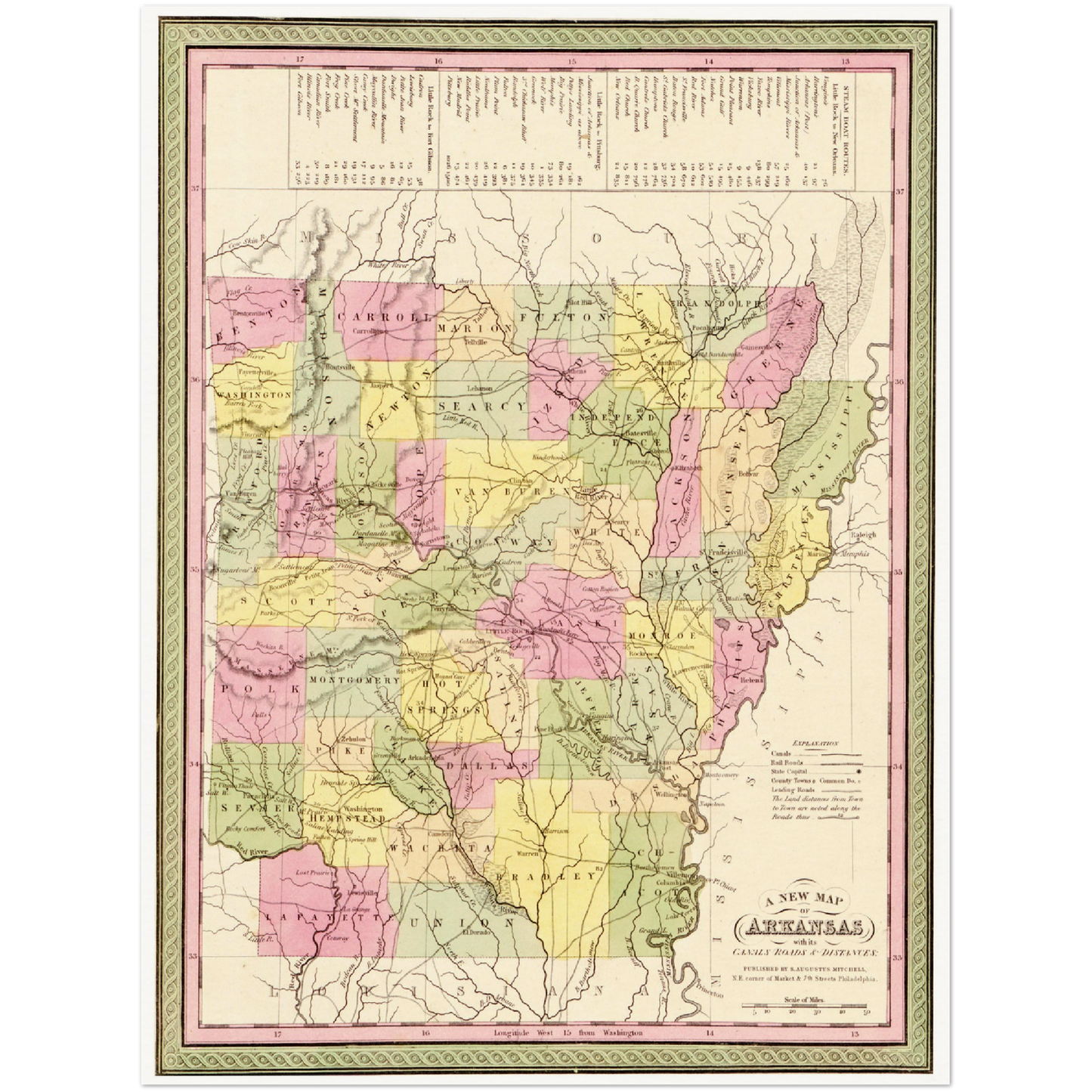 Historische Landkarte Arkansas um 1849