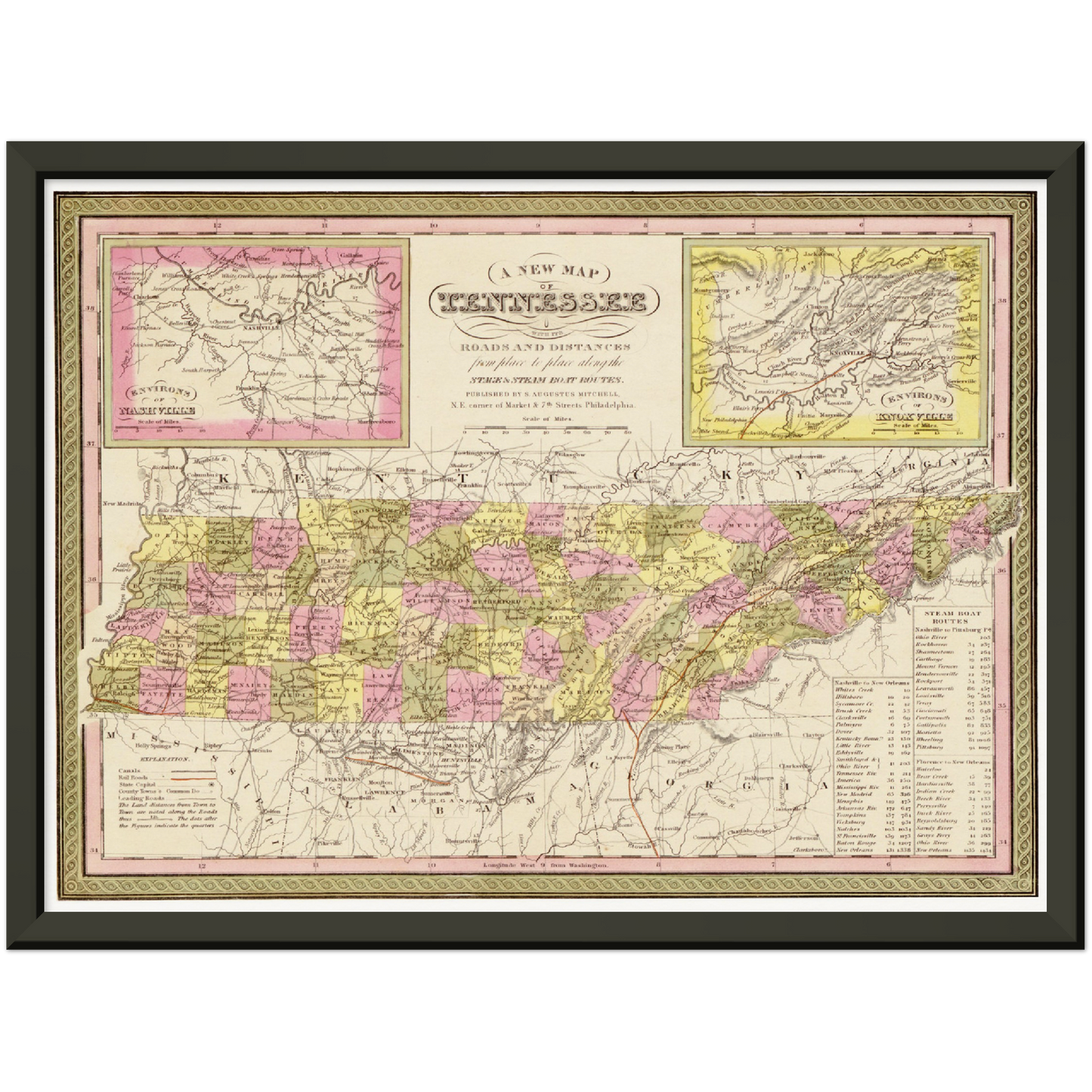 Historische Landkarte Tennessee um 1849