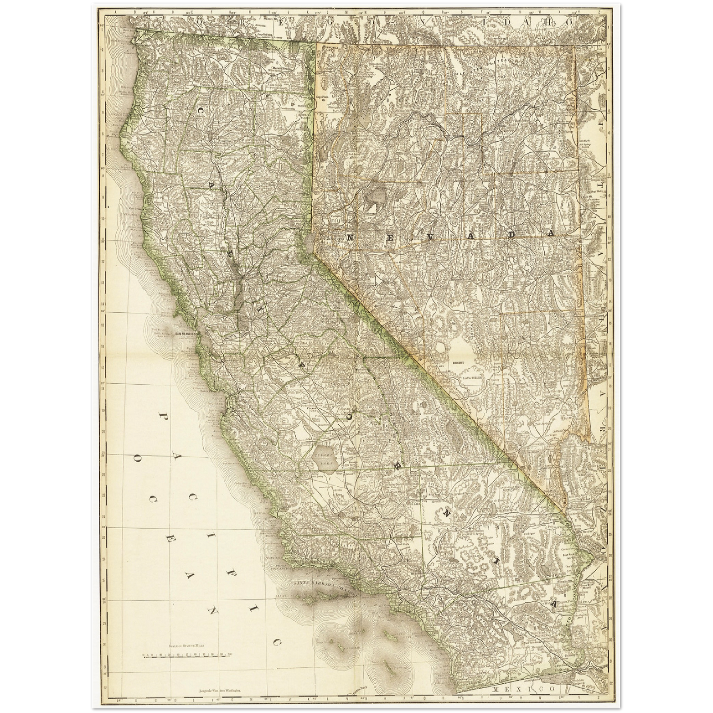 Historische Landkarte Kalifornien & Nevada um 1882