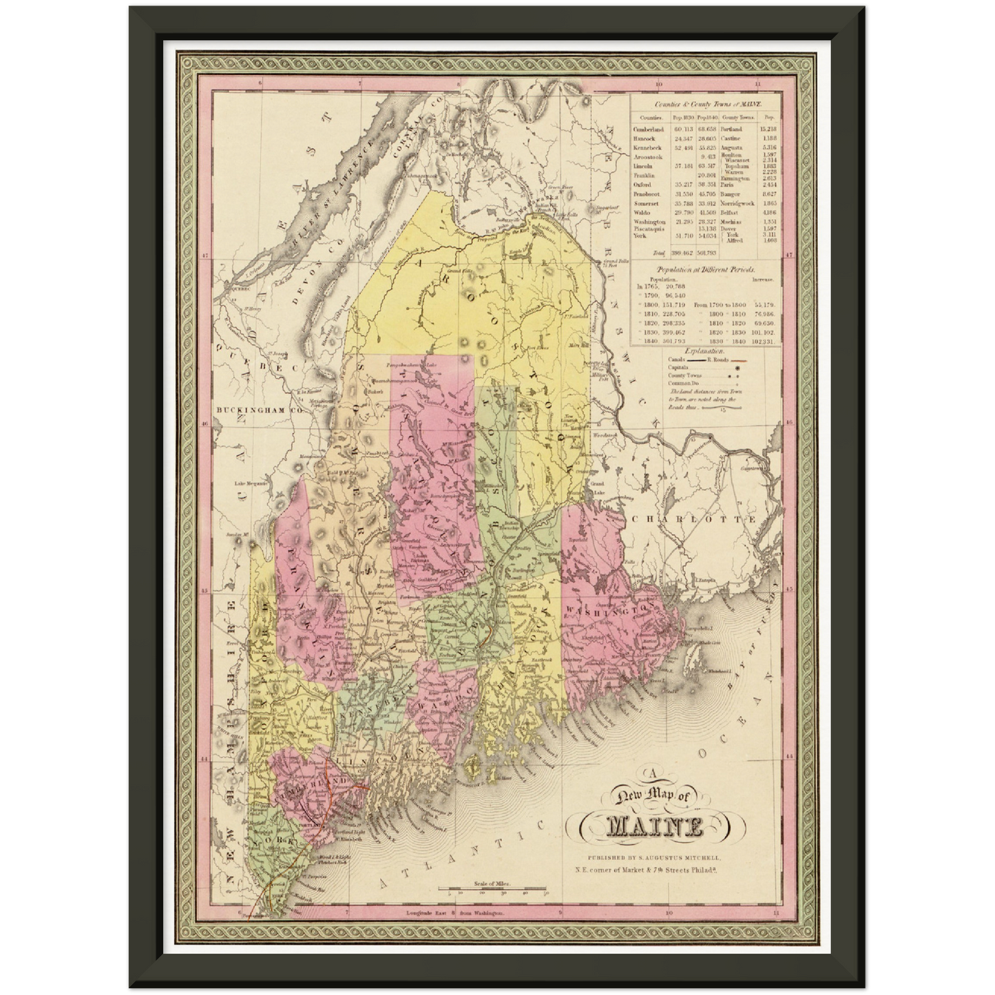 Historische Landkarte Maine um 1849