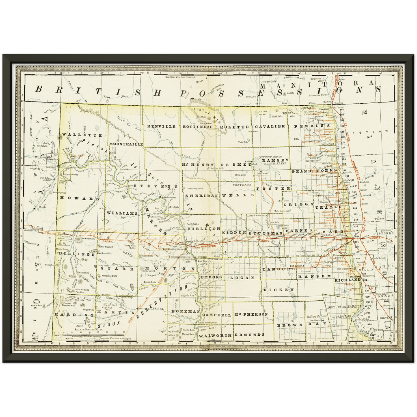 Historische Landkarte North Dakota um 1882