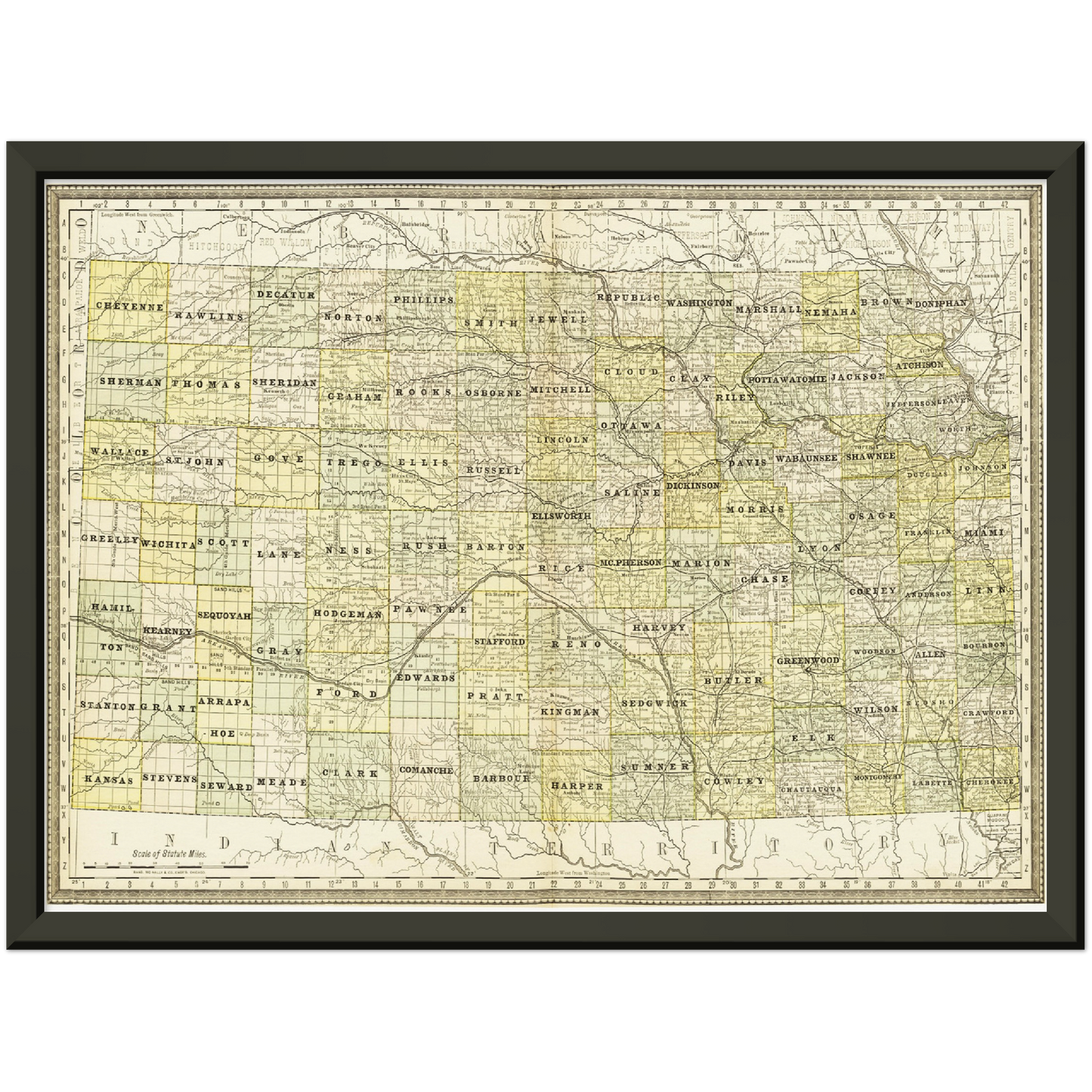 Historische Landkarte Kansas um 1882