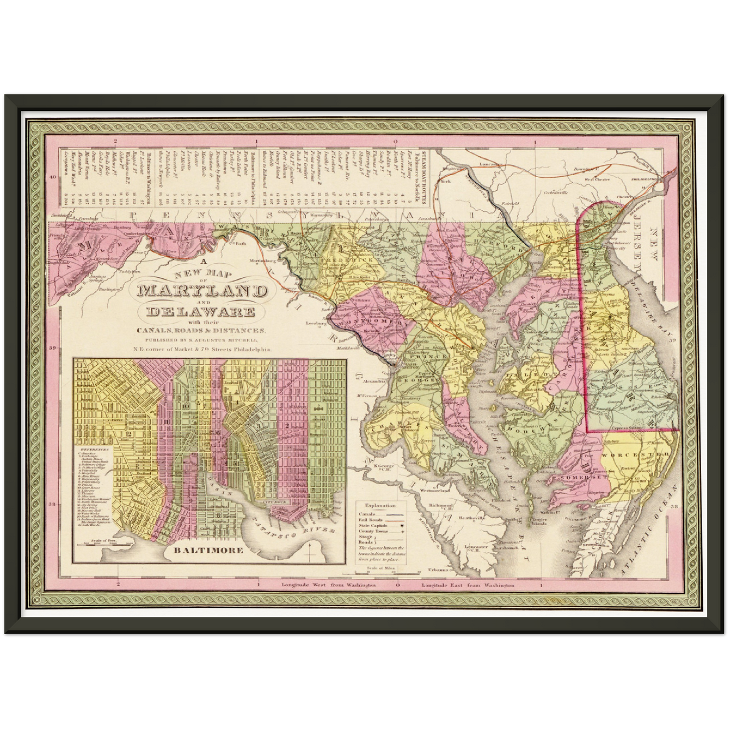 Historische Landkarte Delaware & Maryland um 1849